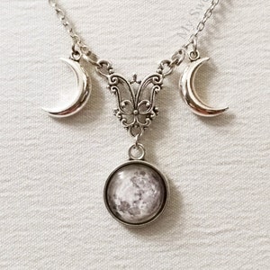 Triple moon necklace, triple goddess pendant, wiccan jewelry, witch necklace, witchcraft jewelry, pagan jewelry, silver half moon