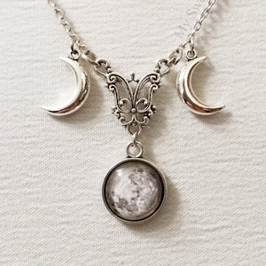 Dreifachmond, dreifache Göttin, Wicca-Halskette, Mondsilber, Mondschmuck, Hexenhalskette, Mondanhänger, Dreifachmond-Halskette