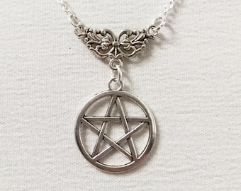 Silver pentacle witch necklace