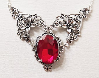 Victorian necklace, ruby red necklace, gothic necklace, renaissance jewelry, red stone, art noveau necklace