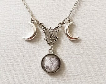Triple moon necklace, triple goddess pendant, wiccan jewelry, witch necklace, witchcraft jewelry, pagan jewelry, silver half moon
