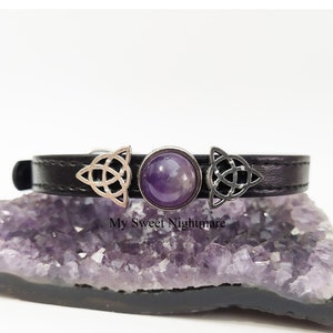 Witchy cat collar with amethyst and triquetra, adjustable from 7,87402 to 11,0236 inches