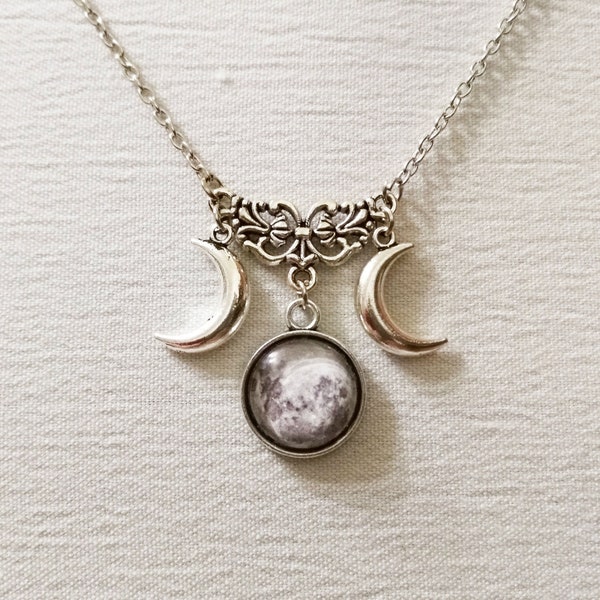 Triple moon necklace, triple goddess pendant, wiccan jewelry, witch necklace, witchcraft jewelry, pagan jewelry, silver half moon