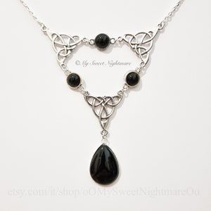 Triquetra Necklace with Black Glass Stones, Celtic Jewelry, Witchcraft Necklace, Gothic Pagan Pendant, Celtic Knot Pendant