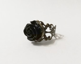 Victorian gothic style black rose adjustable ring with bronze filigree