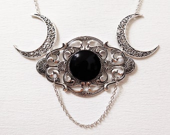 Gothic witch triple moon silver plated necklace and black glass stone