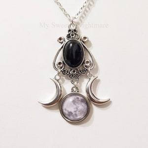 Triple moon necklace, triple goddess pendant, gothic jewelry, black onyx pendant, witch necklace, witchcraft jewelry, pagan jewelry