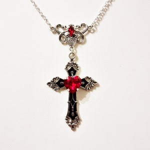 Cross necklace, gothic jewelry, gothic cross, vampire jewelry, gothic rosary, black cross, red crystal jewelry, crystal heart necklace