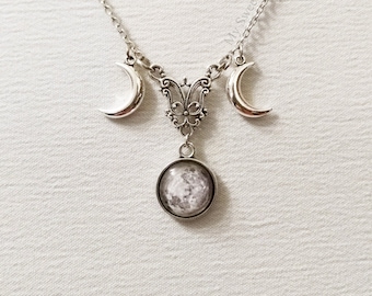 Triple luna, triple diosa, collar wicca, luna de plata, joyería lunar, collar de brujas, colgante lunar, collar de triple luna