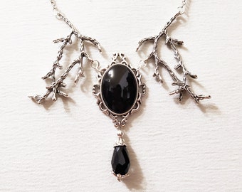Gothic forest necklace with silver branches and black glass stone