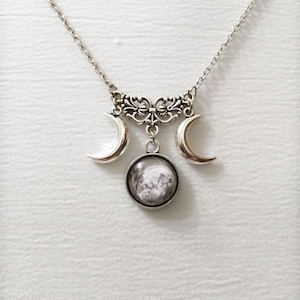 Triple moon necklace, triple goddess pendant, wiccan jewelry, witch necklace, witchcraft jewelry, pagan jewelry, silver half moon