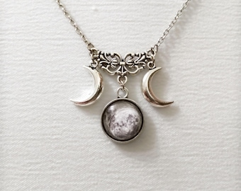 Triple moon necklace, triple goddess pendant, wiccan jewelry, witch necklace, witchcraft jewelry, pagan jewelry, silver half moon