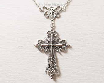 Large gothic cross silver plated necklace