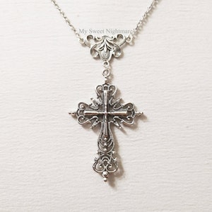 Large gothic cross silver plated necklace