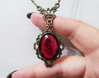 Victorian necklace with red blood effect handmade stone