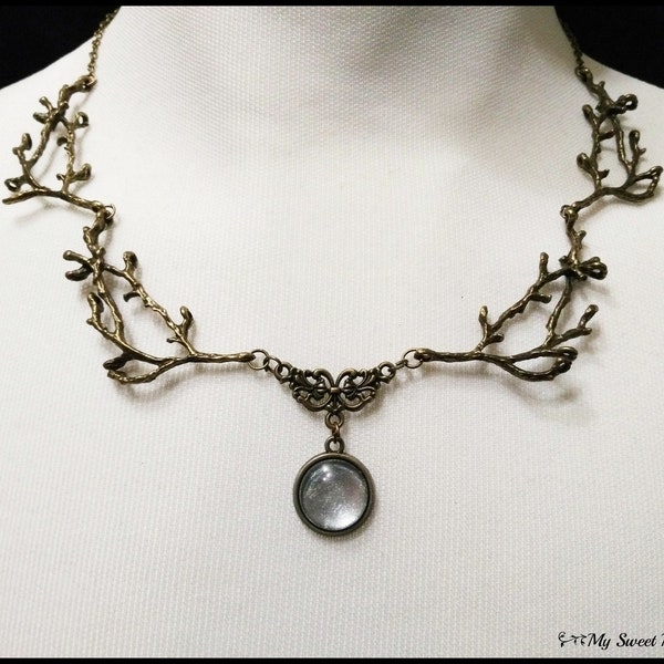 Enchanted forest necklace with bronze branches and pearl moon cabochon