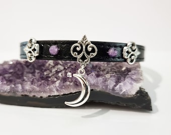 Witchy cat collar with crescent moon and amethyst, adjustable
