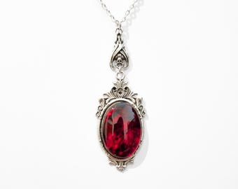 Vampire bat gothic necklace, handmade bloody red stone