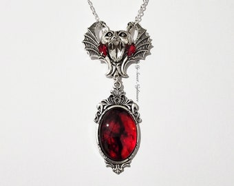 Gothic vampire necklace with red handmade cameo and bat