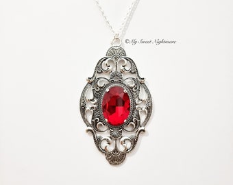 Ruby red crystal gothic necklace, victorian jewelry, gothic wedding, filigree necklace, vampire jewelry, goth jewelry