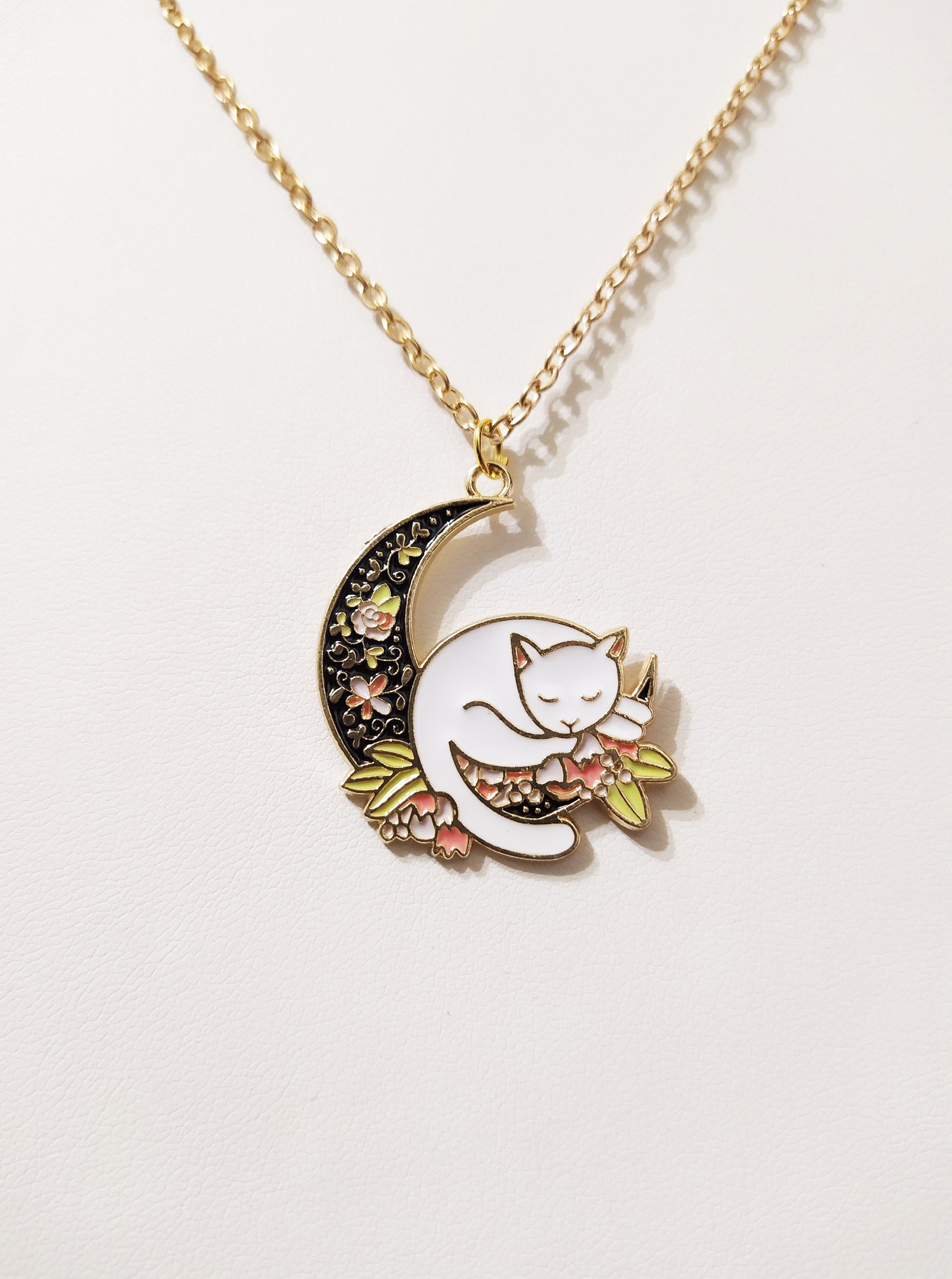 Moon Cat Necklace White Cat Pendant Flower Necklace Black Etsy