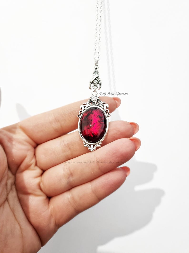 Vampire bat gothic necklace, handmade bloody red stone image 5