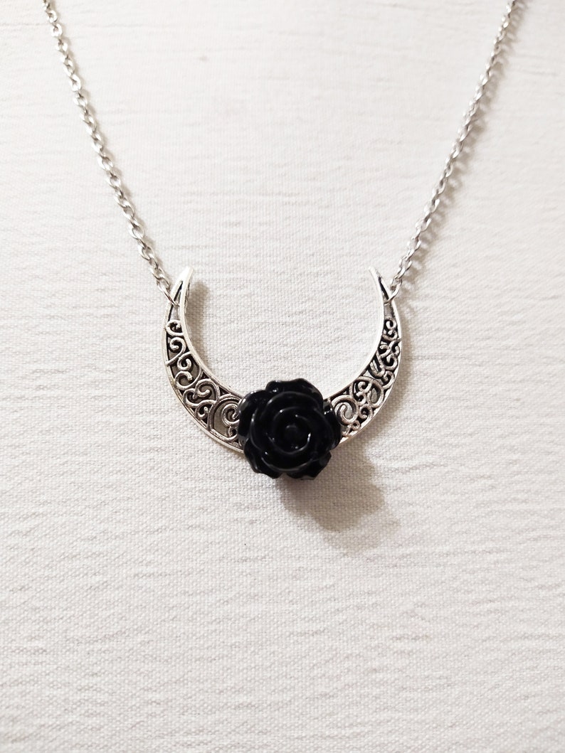 Upside Down Moon Necklace With Black Rose Etsy