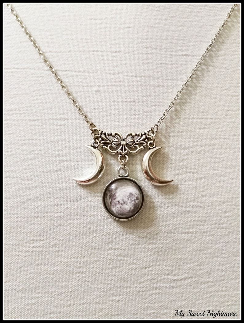 Triple moon necklace, triple goddess pendant, wiccan jewelry, witch necklace, witchcraft jewelry, pagan jewelry, silver half moon 