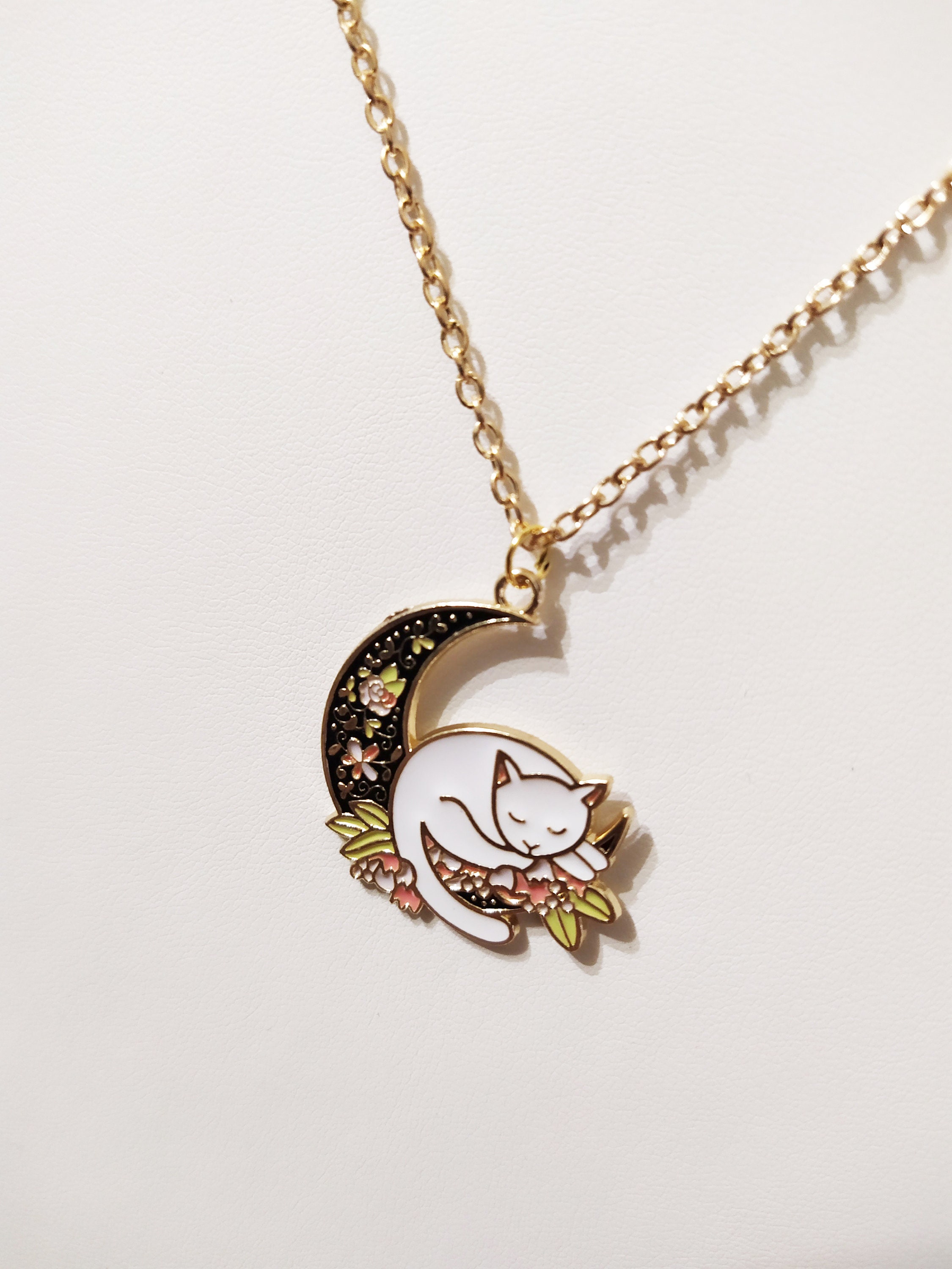 Moon Cat Necklace White Cat Pendant Flower Necklace Black Etsy