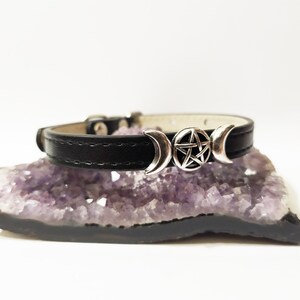 May include: A black leather choker necklace with a silver triple moon and pentacle charm.