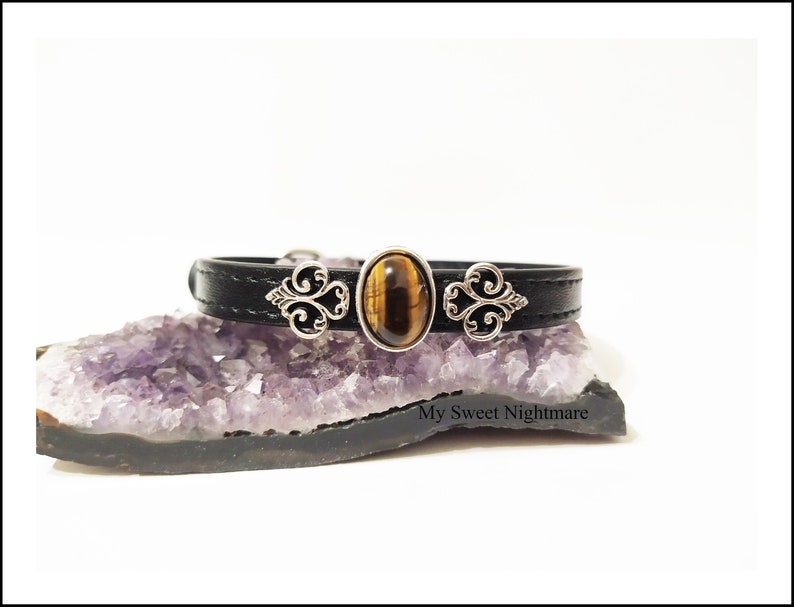 Può includere: Collare in pelle nera con un design ornamentale argentato e una pietra di occhio di tigre. "My Sweet Nightmare" è scritto sulla superficie sotto il collare.
