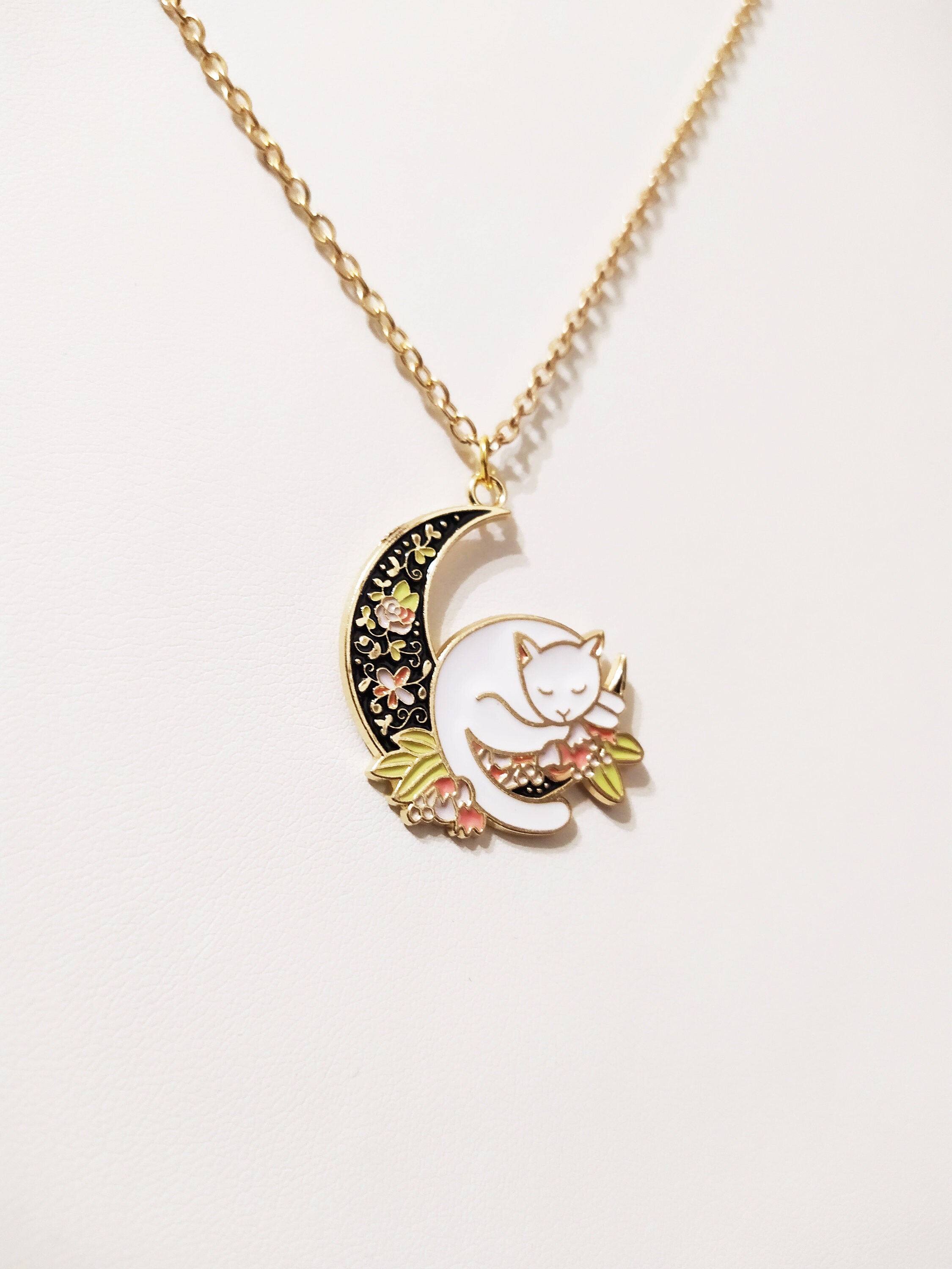 Moon Cat Necklace White Cat Pendant Flower Necklace Black Etsy