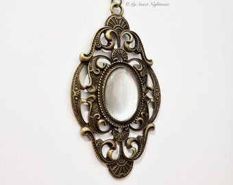 Pendentif Vintage Victorien En Bronze à Cabochon Cœur Et Cristaux - Occasion - Bijou Ancien