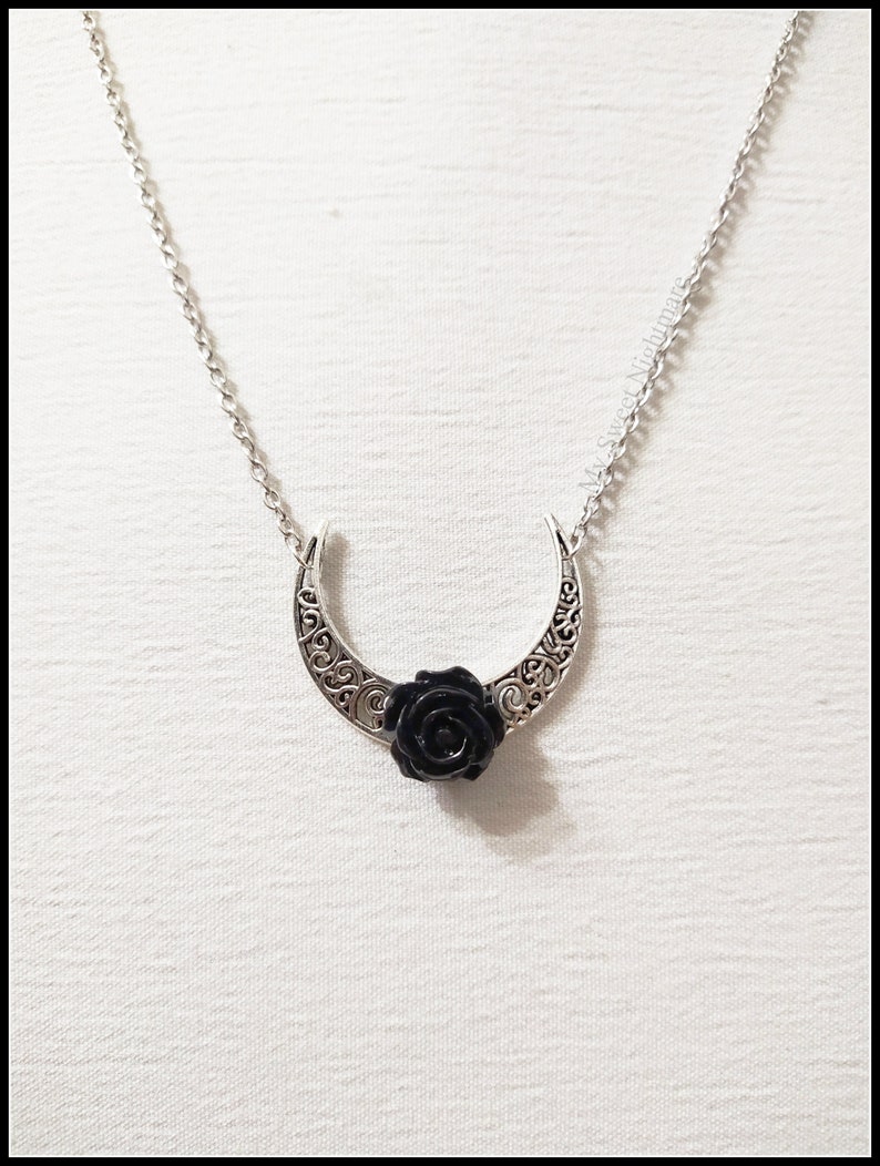 Upside Down Moon Necklace With Black Rose Etsy