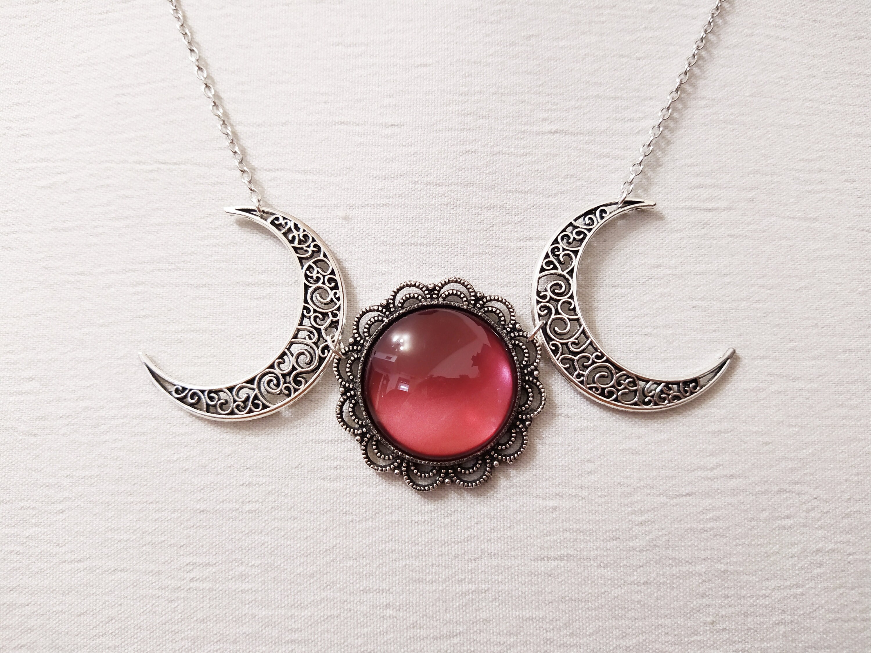 Triple Moon Silver Necklace and Red Hand Painted Cabochon | Etsy