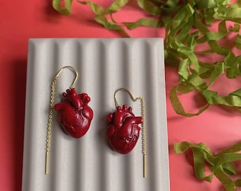 MADE TO ORDER Small Anatomical Heart Earrings on a Golden Chain - Medical Love Threader Dangles - Valentine