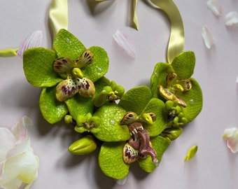 Bright Green Angry Orchid Statement Necklace - features sharp teeth, tongue and saliva in the center orchid