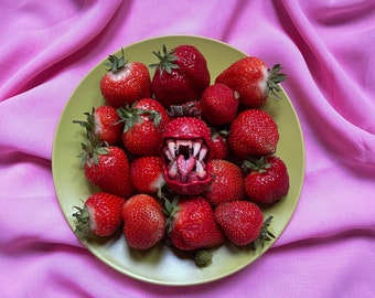 Large Carnivorous Strawberry Fruit Polymer Clay Creepy But Cute Horror Multiway Necklace Pendant and Brooch 2 in 1 - as seen on Tik Tok