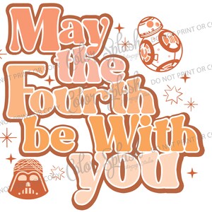 Puede incluir: Un diseño gráfico retro con el texto "Que la fuerza te acompañe" en naranja y melocotón. El diseño presenta una imagen estilizada de un personaje de Star Wars, Darth Vader, y un droide, BB-8.