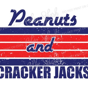 May include: A distressed graphic design with the text "Peanuts and Cracker Jacks" in blue and red. The text is set against a background of red and blue stripes.