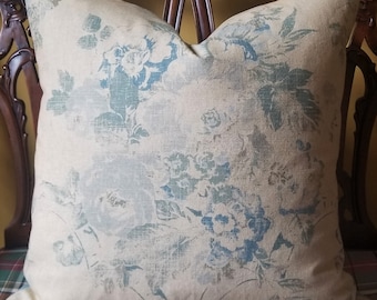 Ralph Lauren Brianna Floral Blue Teal Cotton Linen Custom Pillow Cover Floral Bouquet Scroll 14x24, 20&quot;