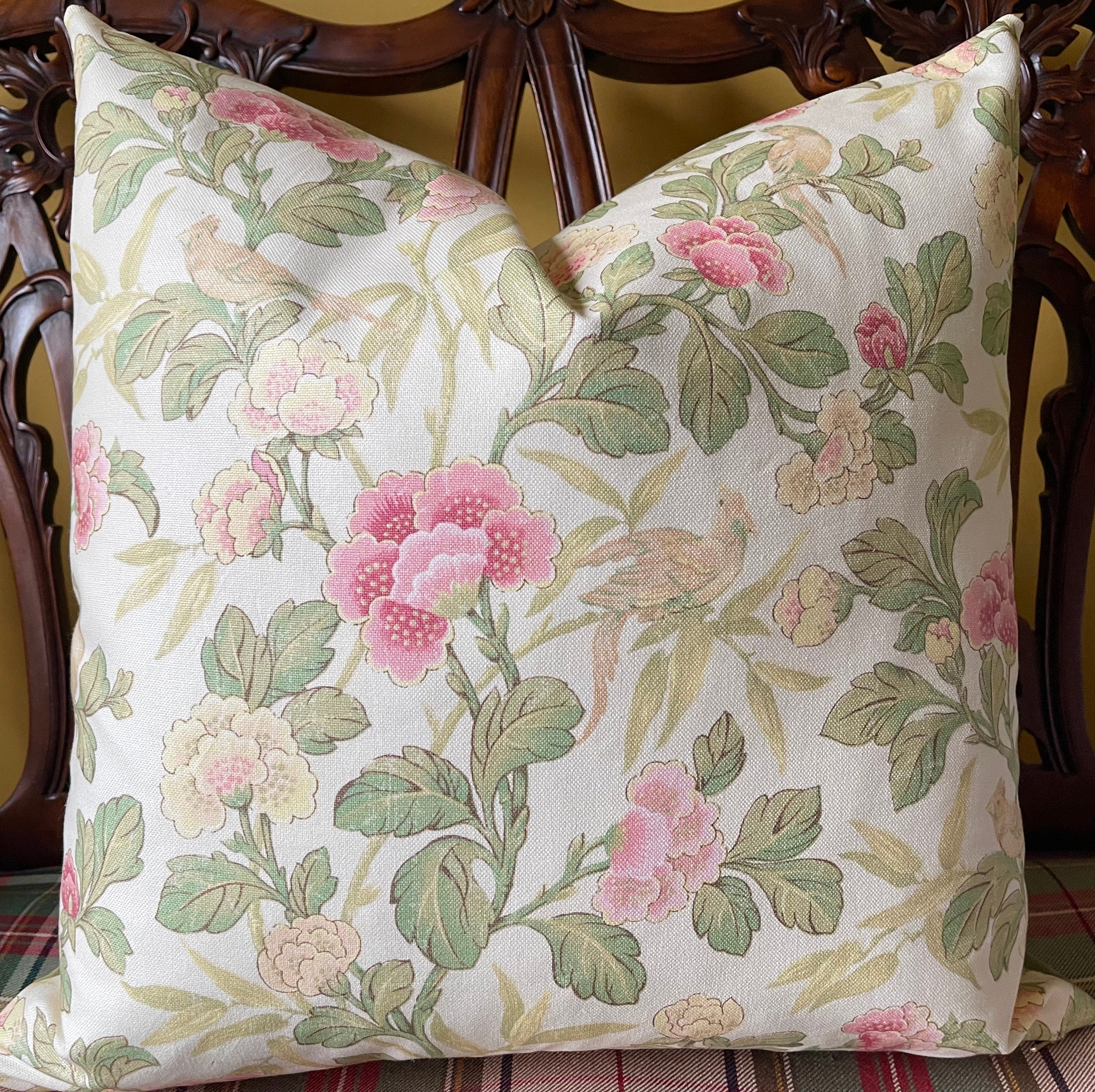 Ralph Lauren Maldive Floral Camelia Floral Bird Toile Linen Cotton Custom Pillow Cover 18", 20", 22"