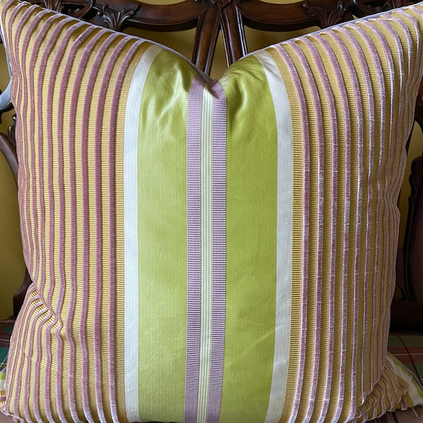 Silk Taffeta Raised Velvet Striped Pillow Cover Lavender, Yellow, Ivory, Chartreuse Custom Pillow Cover All Sizes