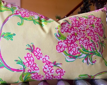 Lilly Pulitzer Racy Lacey Lush Green 100% Cotton Pillow Cover Pink Velvet Back