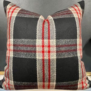 Ralph Lauren Refinery Plaid Cinder 100% Wool Plaid Pillow Cover Red Black Grey Both Sides 15"x24"