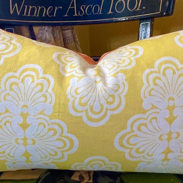 Lilly Pulitzer Lee Jofa Shell We 100% Linen Dandelion Yellow One Side Clementine Well Connected Back Pillow Cover 14"x24"