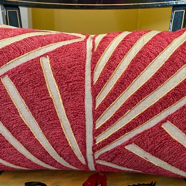 Red Ivory Yellow Heavily Embroidered Linen Pillow Cover Lumbar Sizes Modern Embroidery