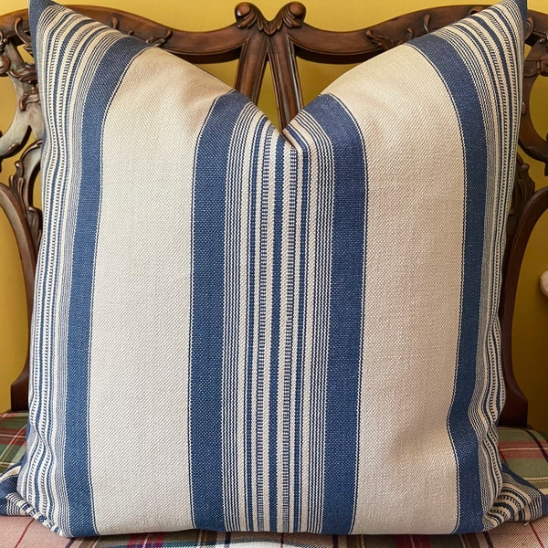 Ralph Lauren TACK HOUSE STRIPE Indigo Stripe Ticking Pillow Cover! Rustic Pillow Cottage Lodge Pillow Both Sides Double Sided