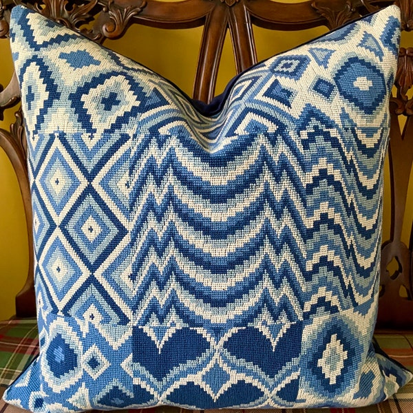 Stunning Tapestry Patchwork Style Blues Ivory Modern Geometric Custom Pillow Cover Pillow Cover 14"x24", 20"