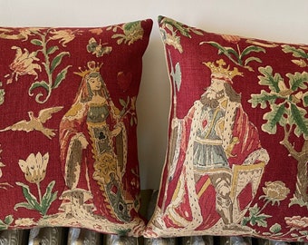 Lee Jofa Royal Flush Hand Block Printed 100% Linen Custom Pillow Cover Queen of Hearts Claret PAIR